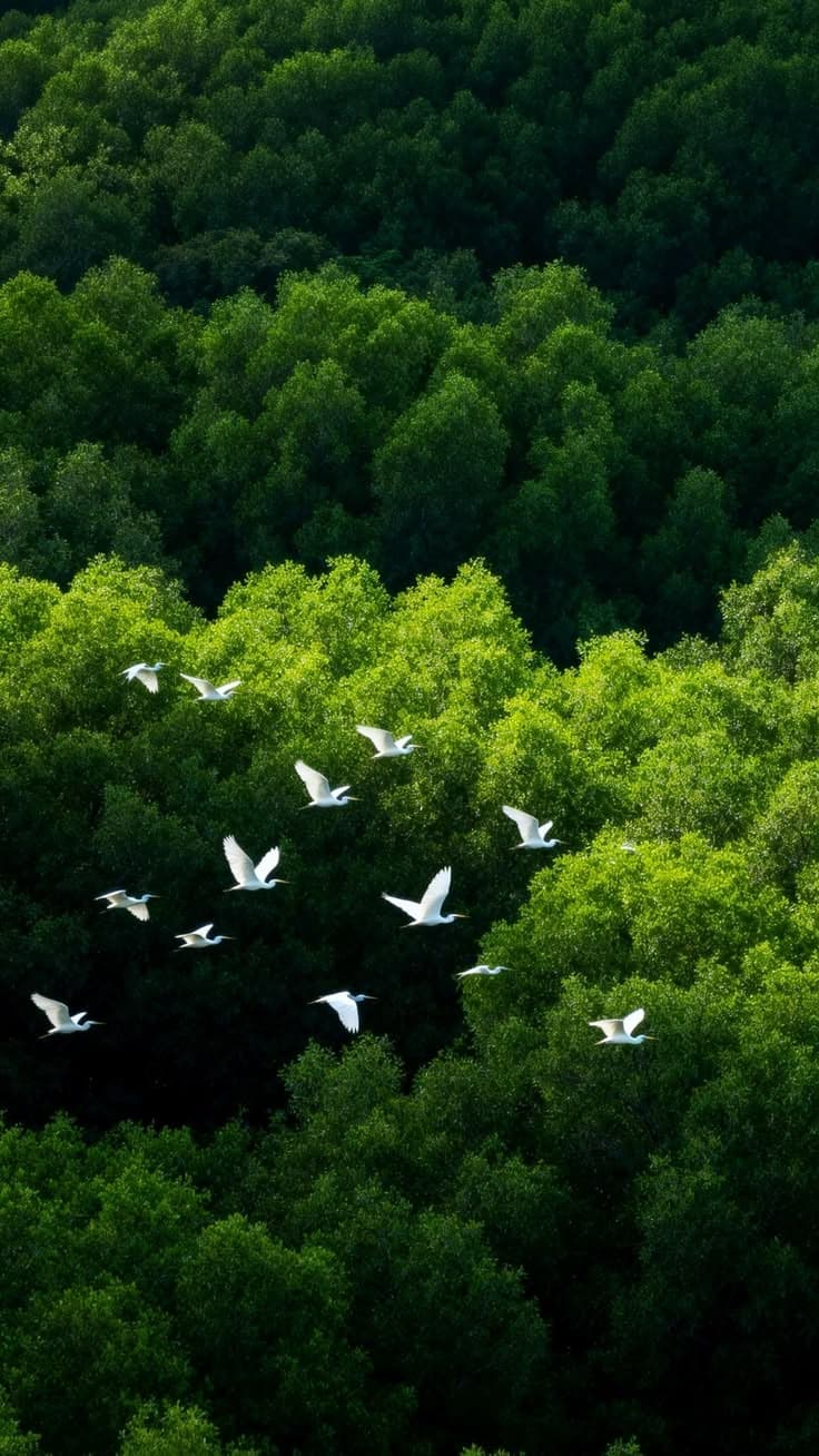 Egrets flying low over a dense mangrove forest canopy